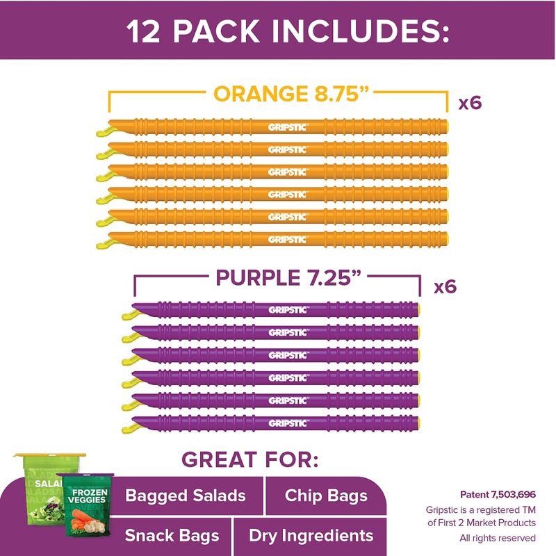 GRIPSTIC Bag Sealer - Reusable Chip Clips, Bag Clips. Patented. Airtight & Waterproof Seal on Food Storage Bags, Kids Snacks & More. Near Zero Waste. 12ct Medium - Image 2